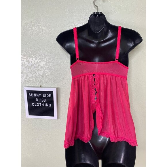 Seven Till Midnight Hot Pink Sheer V Neck  Babydoll With Lace Detailing Size S - Picture 4 of 9